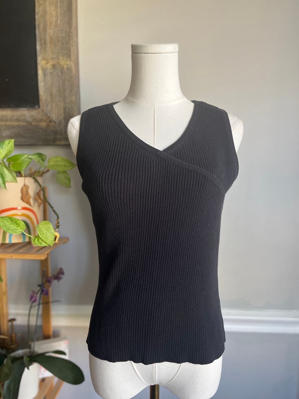 Vintage 90s Faux Wrap Blouse Black Knit Sleeveless Size Medium